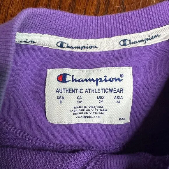Champion Purple Logo Green Print Crop Sweatshirt Size Size S - Picture 7 of 8